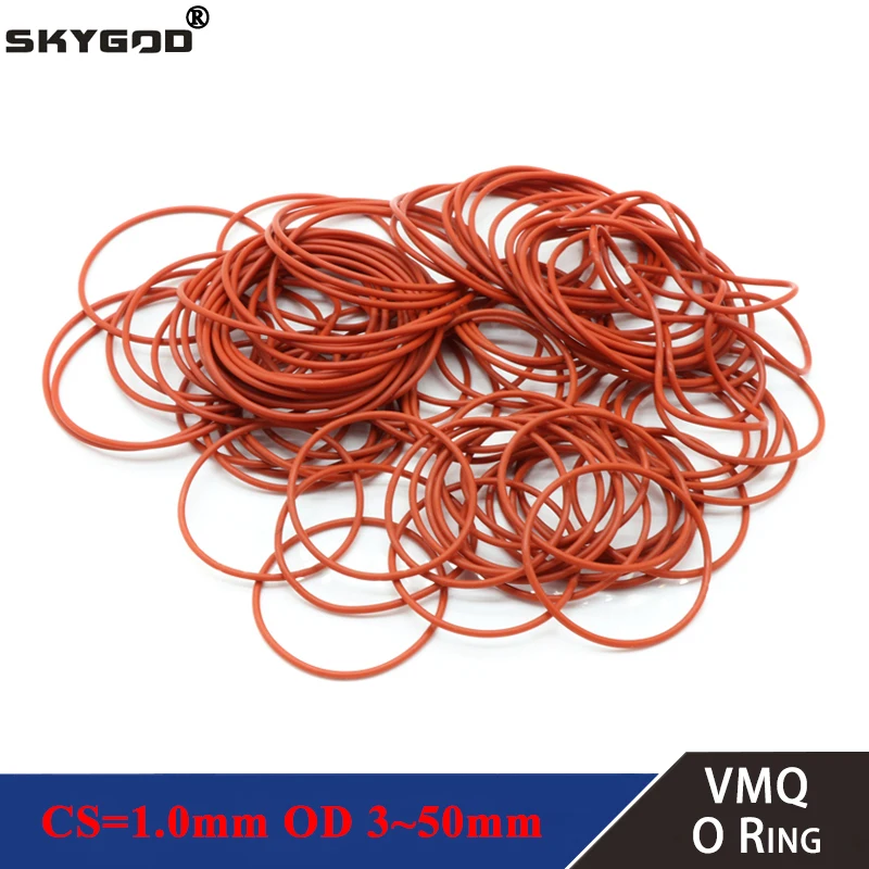 50Pcs VMQ O Ring Gasket CS 1mm OD 3 ~ 50mm Waterproof Washer Silicone Rubber Insulate Round O Shape Seal Red Food Grade
