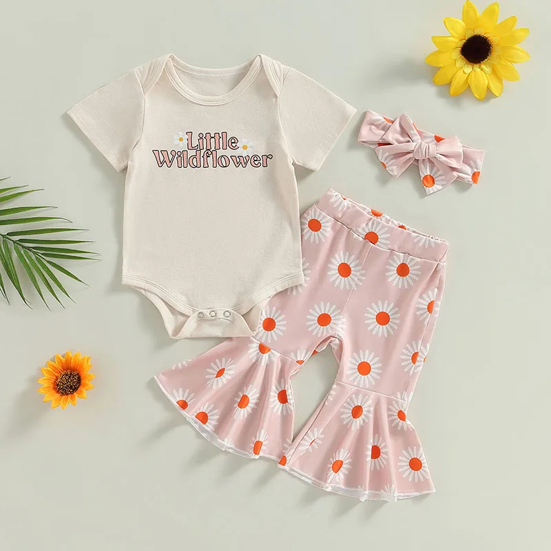 

Комплект летней одежды для новорожденных девочек 0-24 месяцев, боди с коротким рукавом и буквенным принтом + длинные брюки-клеш с цветочным принтом, повседневная одежда