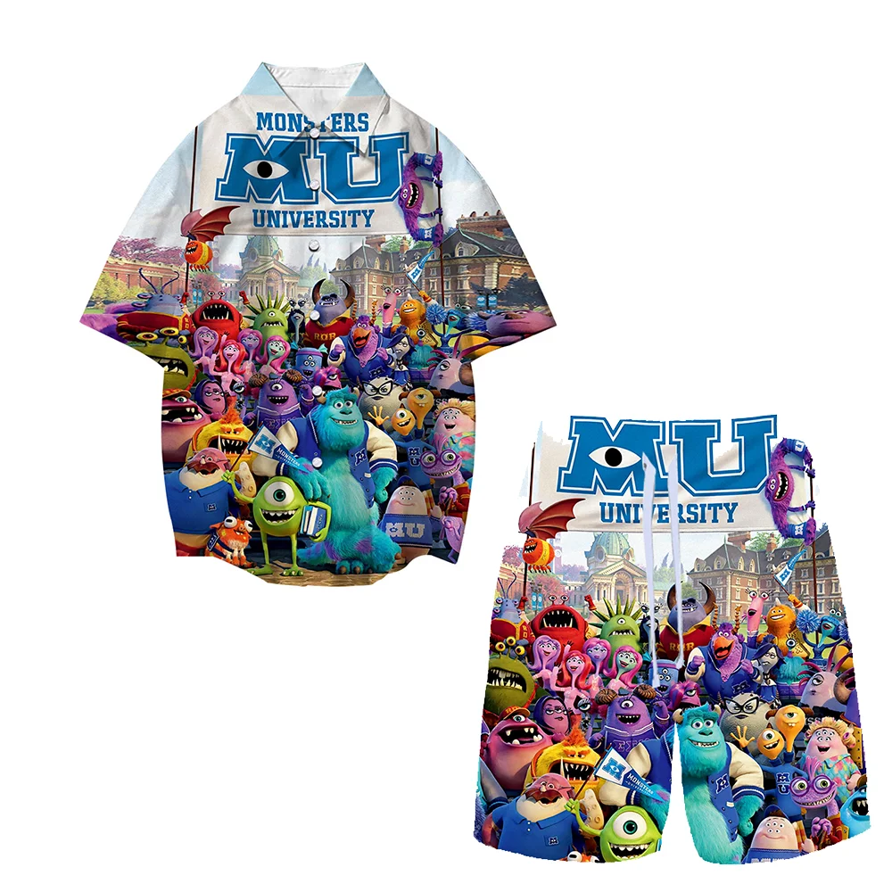 

Disney Monsters University Casual Loose Shirt Tops Boys Girls Kids Short Pants Suits Men Women Lapel Short Sleeve Shirts Set
