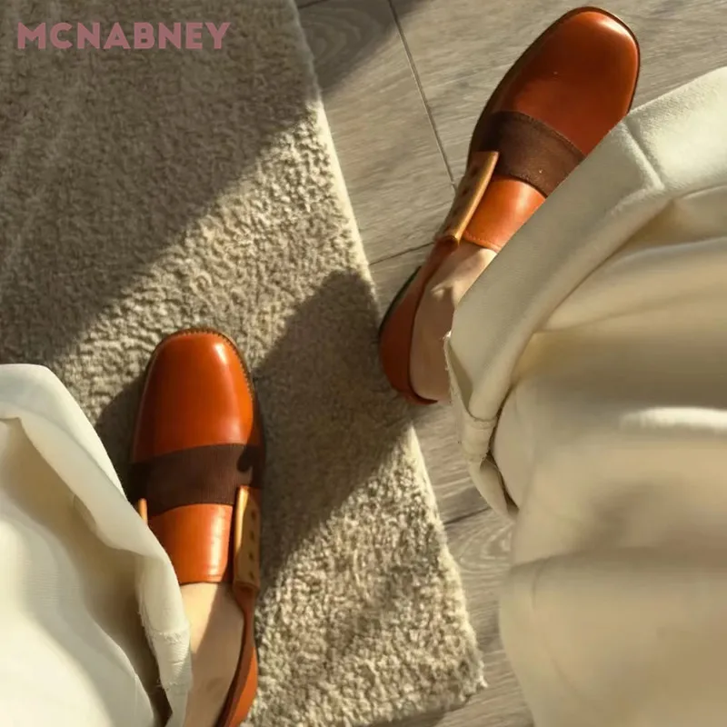 Fashionable Color-Blocking Retro Shoes Niche Design Square Toe British Style Leather Shoes New Fashion Retro Leather Shoes