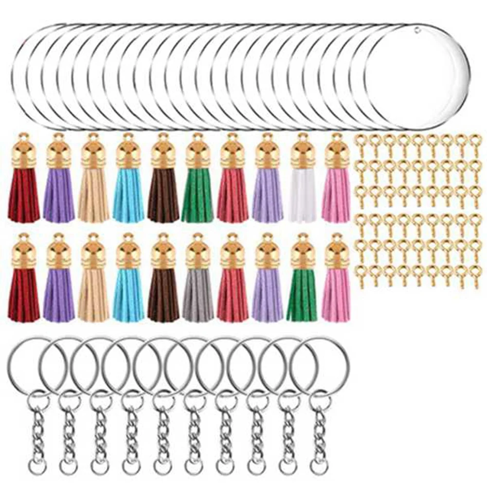 

200Pcs Acrylic Keychain Blanks Kit with Key Rings Jump Rings Round Clear Discs Circles Colorful Tassel Pendants-Gold