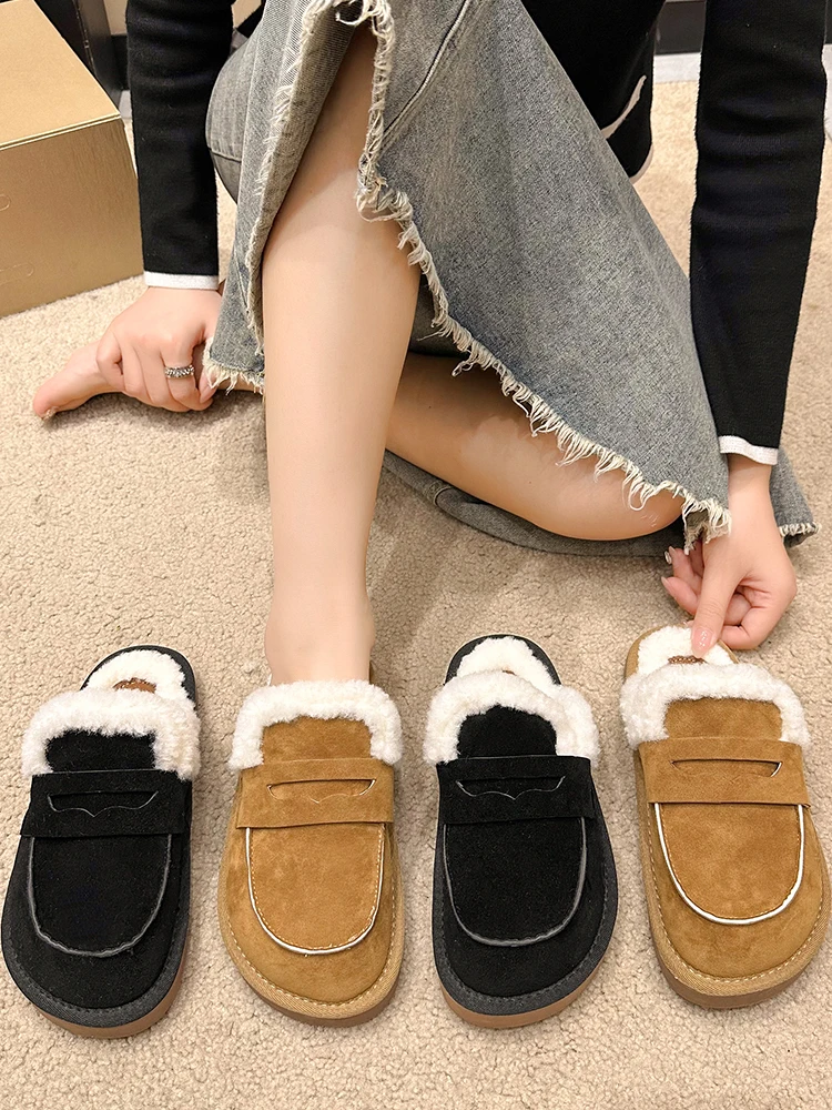 

Shallow Winter Woman Slipper Platform Flock Fur Shoes Pantofle Low Slides Cover Toe Soft Plush 2023 Flat Rubber Retro with fur