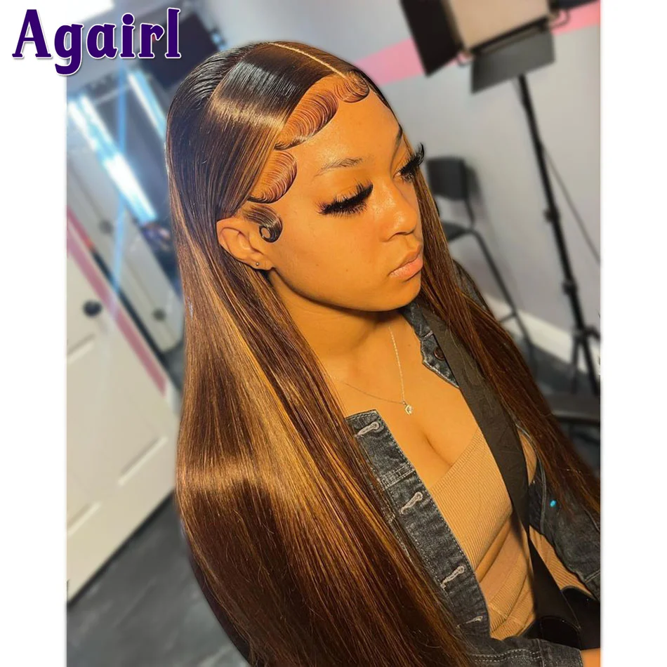 

Honey Brown Highlight Bone Straight 13X4 Lace Front Wigs Pre Plucked with Haby Hair 13X6 Lace Frontal Human Hair Wigs for Women