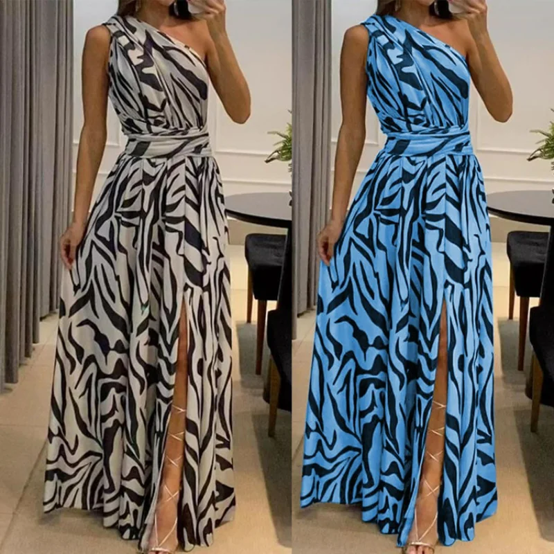 

Summer One-shoulder Sleeveless Sexy Dress Women Printed Solid Color Backless Fashion Bodycon Dress