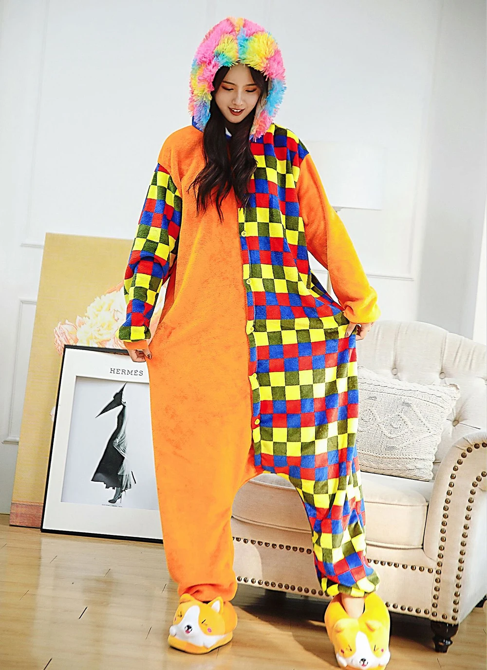 Unisex Winter Warm One-Piece Cartoon Animal Pajamas With Colorful Hat Polyester Comfortable Thick Sleepwear Cosplay Clothes