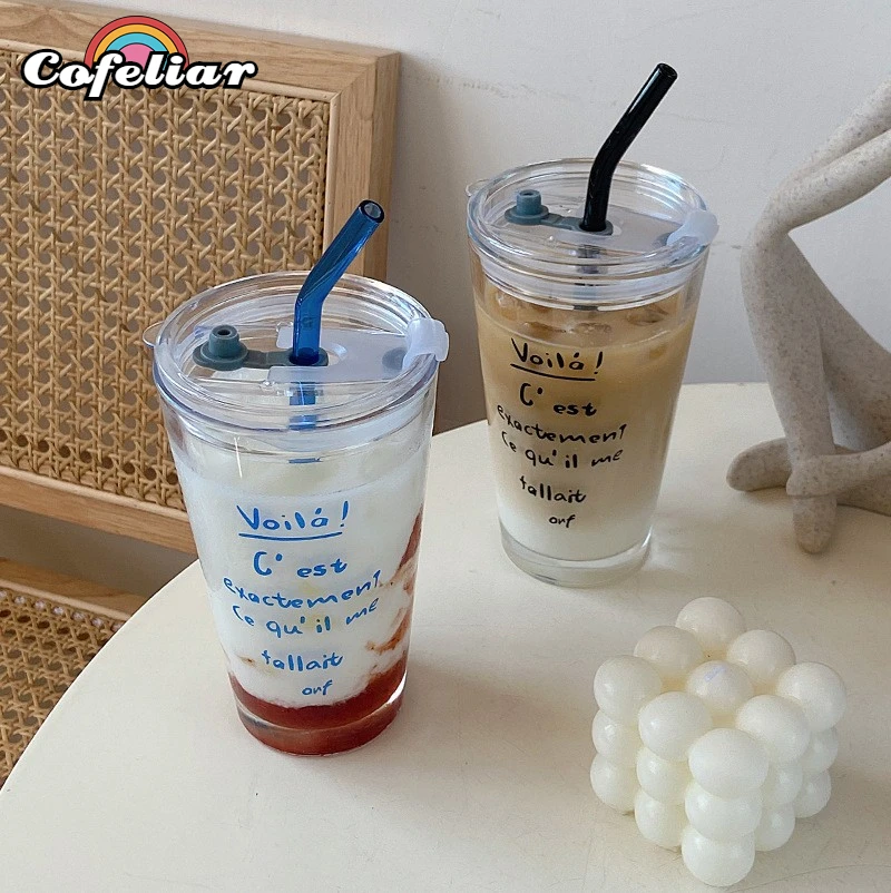 

Korean Letters Glass with Lip Straw Coffee Mug Transparent Breakfast Milk Juice Latte Drink Cup Home Office Drinkware Beer Glass
