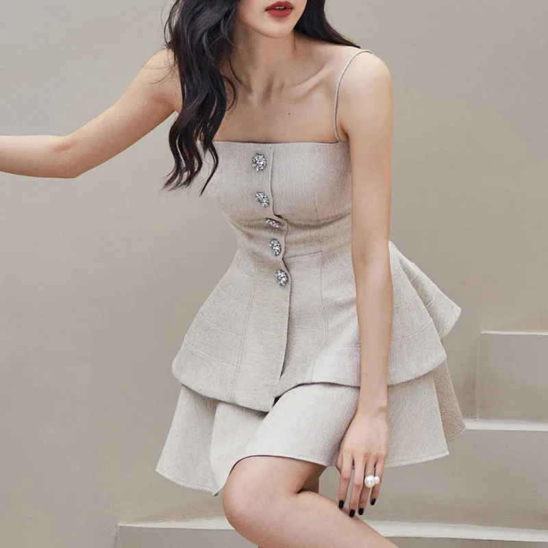 

Summer/Autumn Fashion New Diamonds Slim Dress Two Piece Strapless Open Back Top High Waisted Short Mini Skirt Elegant Sexy Dress