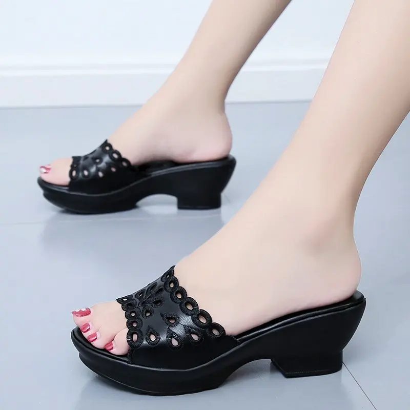 

Woman Slippers 2022 Zapatillas Mujer Women Open Round Toe Slides Casuales Wedges Shoes for Ladies Black Red Flip Flops Pantuflas
