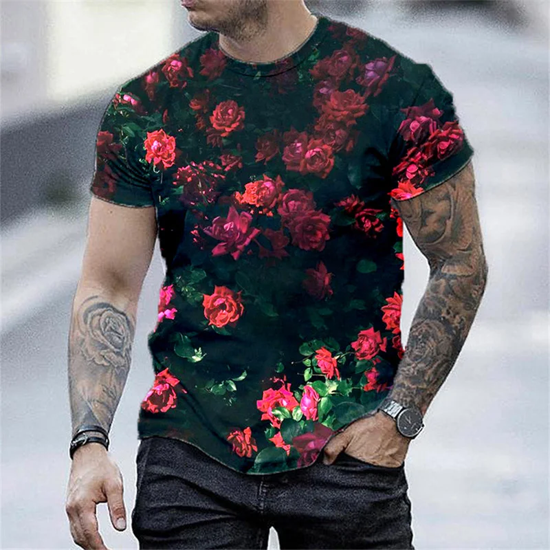 

Rose Skull Poker Graphic Men's Tshirt Trendy Summer Streetwear Tops Retro Style Male Short Sleeves Plus Size Sports Tee for Man