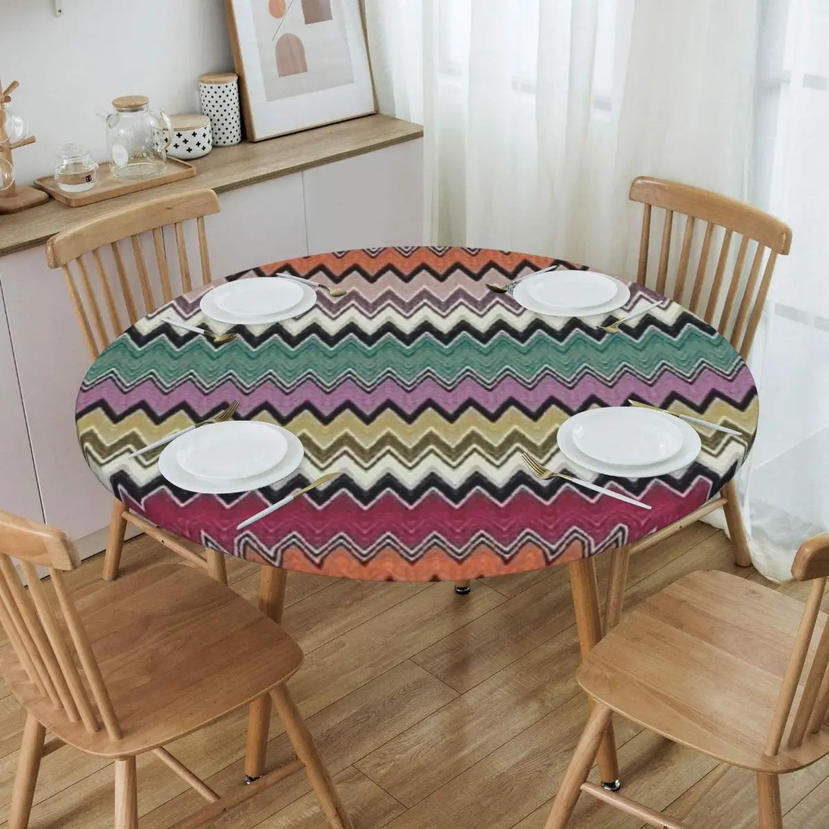 

Oilproof Colorful Zig Zag Chevron Table Cover Elastic Fitted Bohemian Geometric Table Cloth Backing Edge Tablecloth for Dining