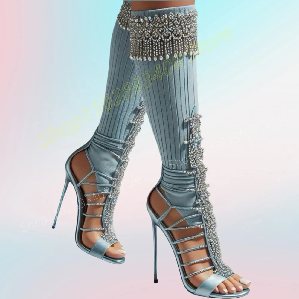 Полые сандалии с синими кристаллами и декором вязаные элегантные модные женские