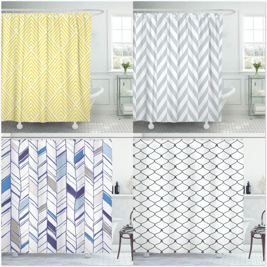 

Abstract Geometric Shower Curtains Set Mid Century Simple Line Graphics Art Yellow Bathroom Decor Polyester Fabric Bath Curtain
