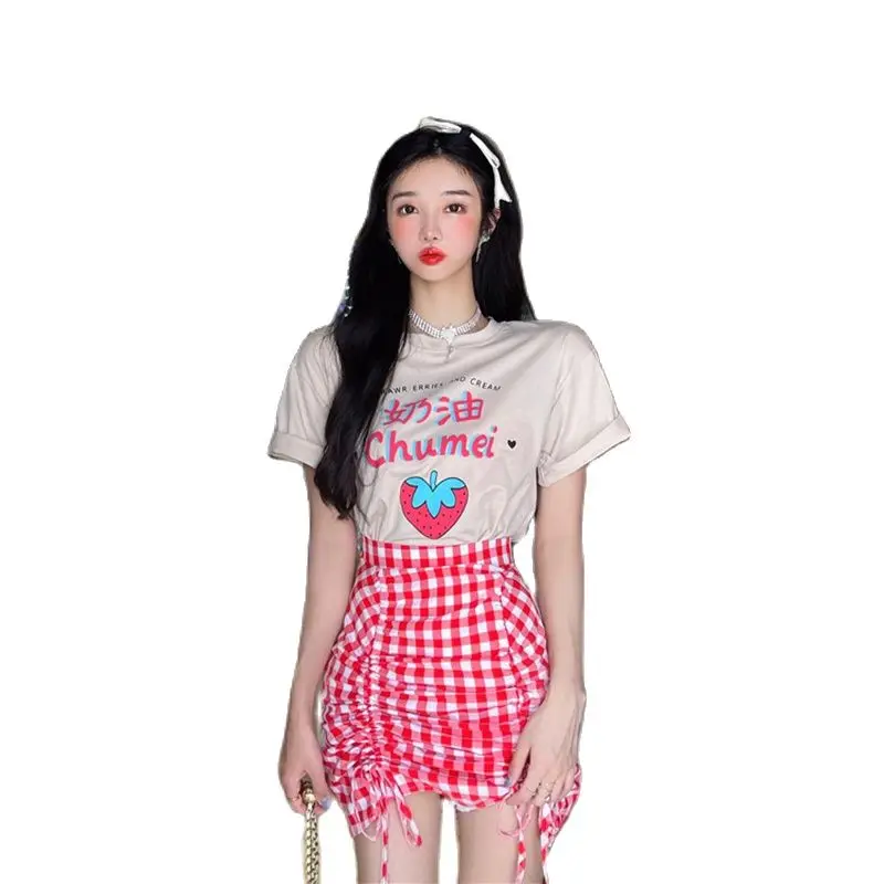 

Sweet Girls Cream Strawberry Printing T-shirt Short Sleeves Plaid Mini Skirt Summer Fashion Designs