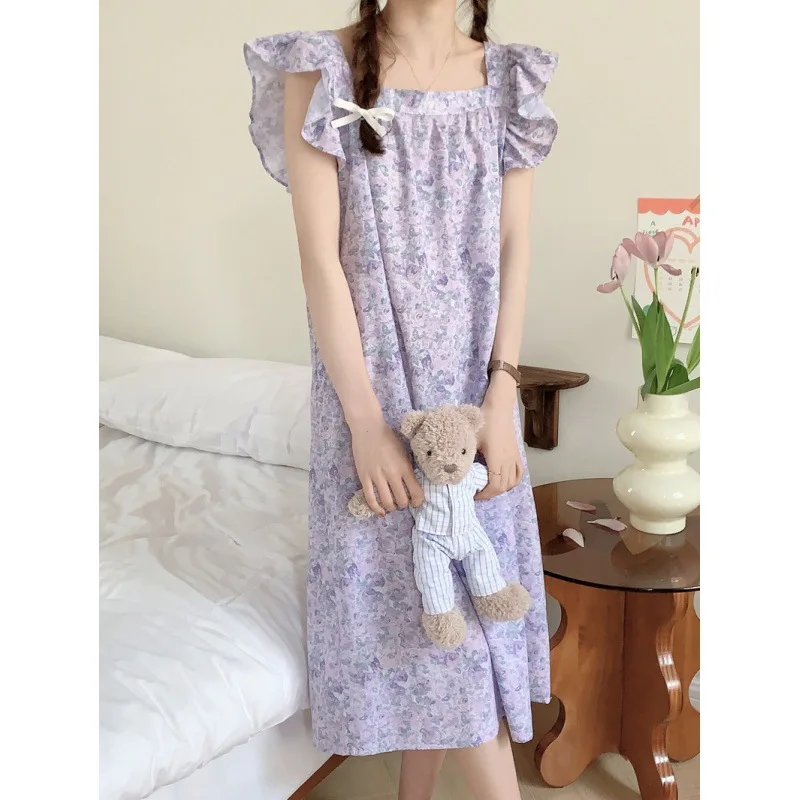 Женская ночная рубашка без рукавов летняя фиолетовая пижама из полиэстера с