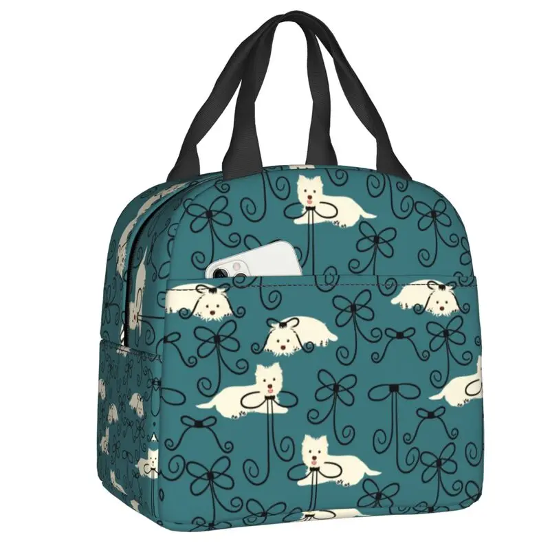 

West Highland White Terrier And Bow Thermal Insulated Lunch Bags Westie Dog Portable Lunch Container for School Storage Food Box