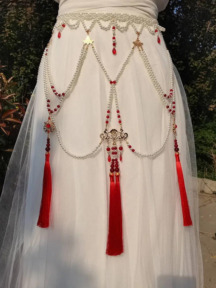 Chinese Vintage Han Costume Waist Chain Women Decoration Multi-layer Pearl Woven Rhinestone Tassel Fringe Ceinture Dress Belts
