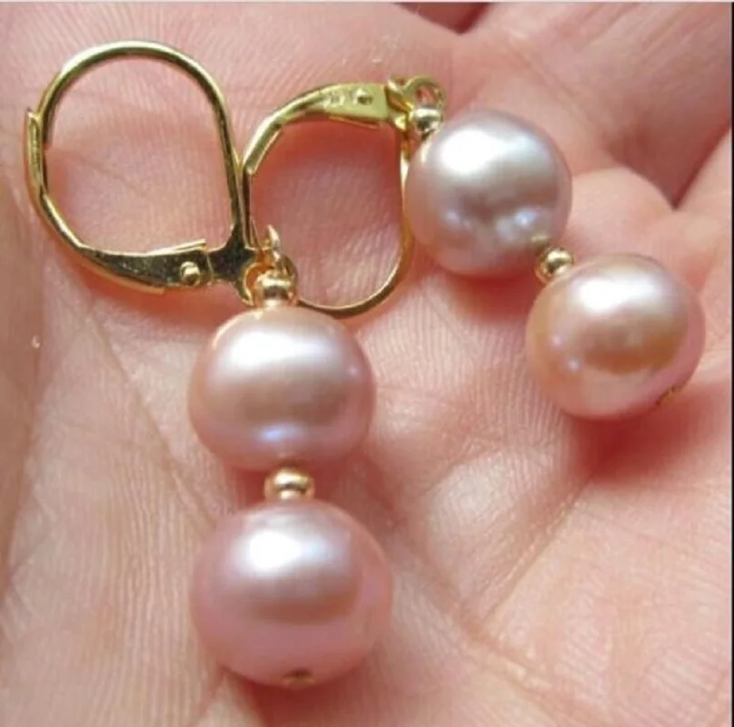 

Gorgeous AAAA Purple+Pink Natural 9-10mm South China Sea Round Pearl Earrings 14k Gold-