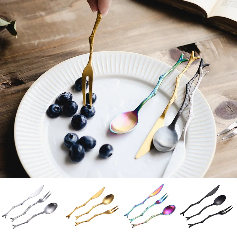 

1/3pcs Stainless Steel Retro Knife Fork Cutlery Tree Branch Design Home Restaurant Fruit Dessert Dinner Utensils