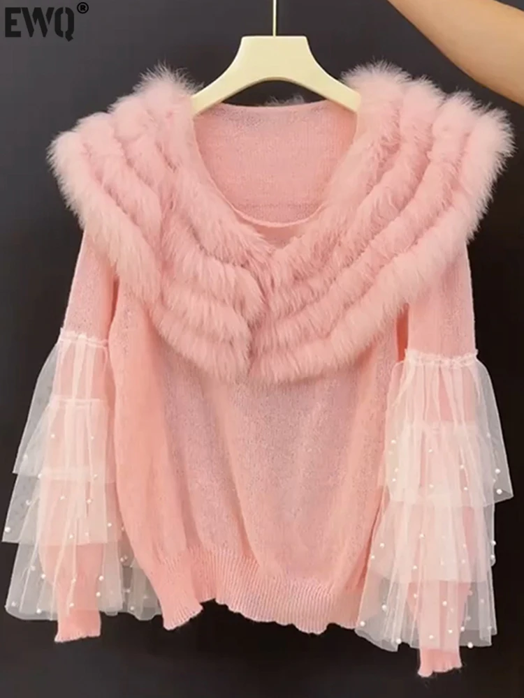 

[EWQ] Sweet Women Pink Sweater Long Sleeve Mesh Patchwork Soft Pullovers Knited Top Fashion 20232023 Autumn Winter New 16U4482