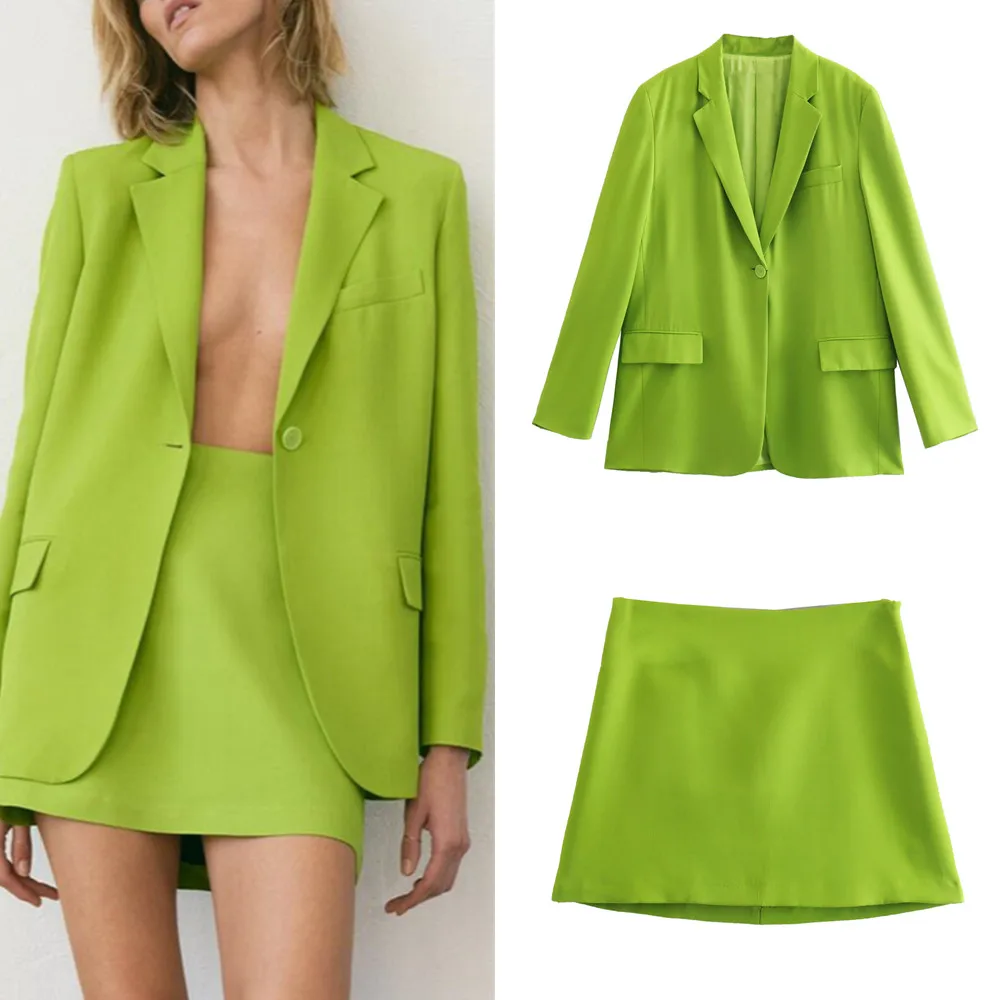 

Женский комплект из двух предметов, жакет с длинным рукавом и прямым отложным воротником и юбка с высокой талией, повседневные Зеленые комп...