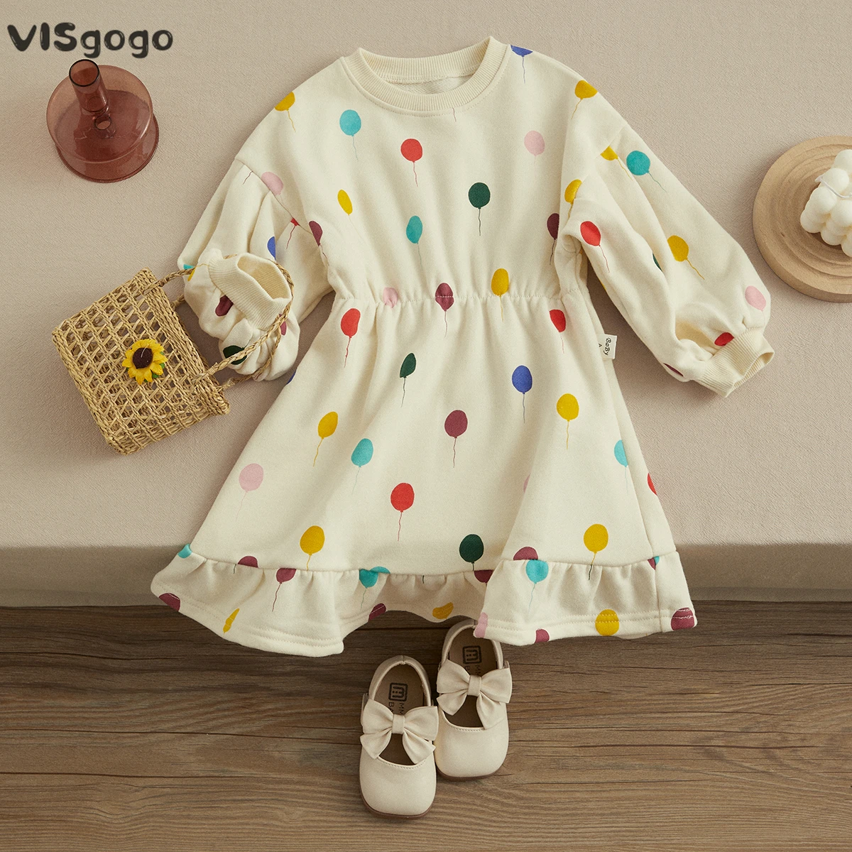 

VISgogo Baby Girls Dress Balloon Print Long Sleeve Round Neck Ruffle A-line Dress Toddler Casual Style Spring Fall Clothing