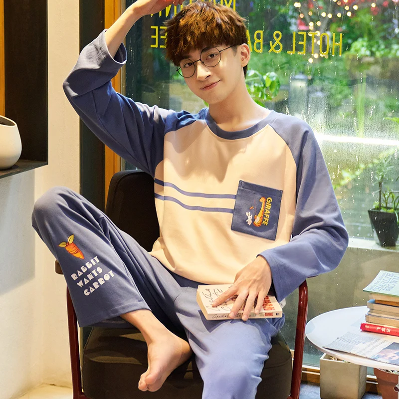 New Men's Cotton Pajamas Sets Sleepwear Nightwear Cartoon Underwear Casual Sleep&Lounge Homewear Spring Autumn Pjs Drop Ship