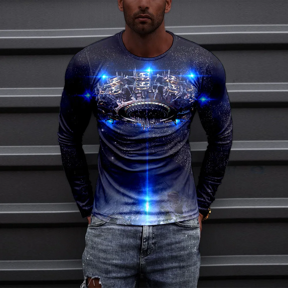 

Футболка мужская с круглым вырезом и длинным рукавом, модная графическая рубашка с 3D-принтом инопланетянина, космический корабль, повседневная одежда, y2k
