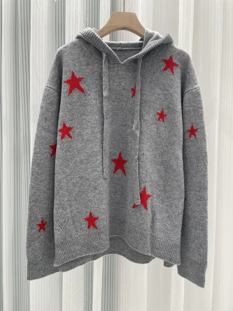 100% кашемир осенний новый женский свитер с капюшоном жаккардовый повседневный