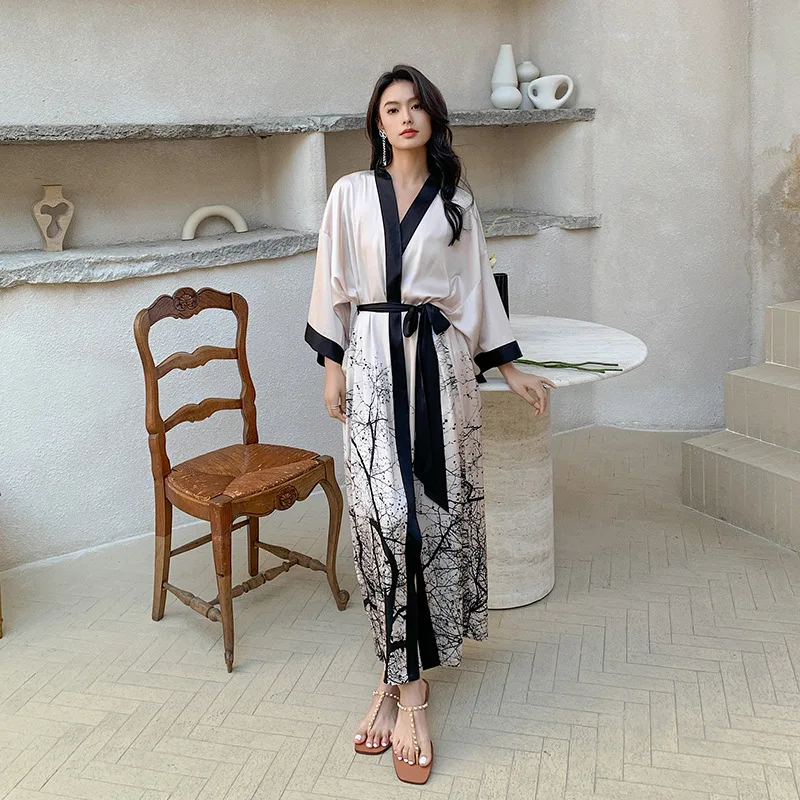 New Nightgown Women's Spring and Summer Thin Section Ice Silk Satin Atmosphere National Style Luxury Tie Morning Robe Bathrobe