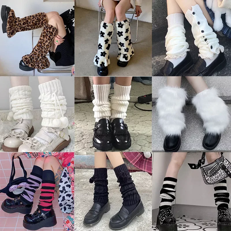 Style Kawaii Plush Leg Warmers Winter Long Socks Stockings Women Harajuku Loose Knee High Boot Knitted Leggings Warm