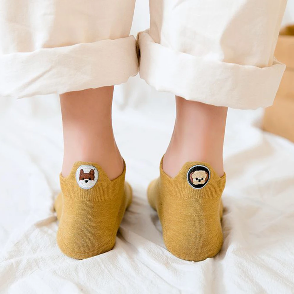 10 Pieces = 5 Pairs Women Kawaii Fashion Happy Funny Cartoon Animal Embroidered Dog Expression Harajuku Short Ankle Socks 35-41