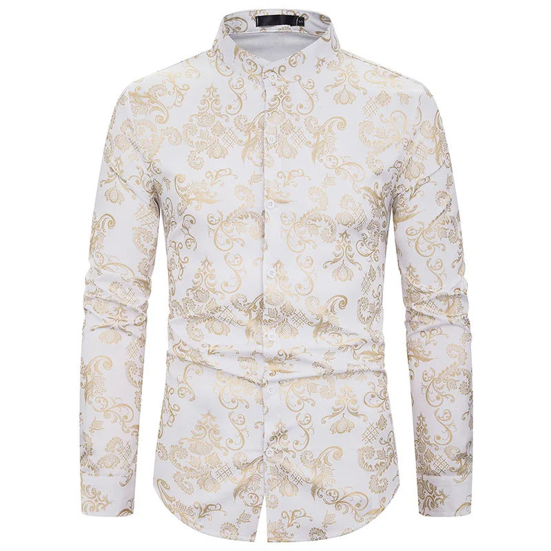 

Повседневная мужская рубашка Henley для ночного клуба, модная мужская классическая рубашка с бронзовым цветочным принтом и длинным рукавом, ...