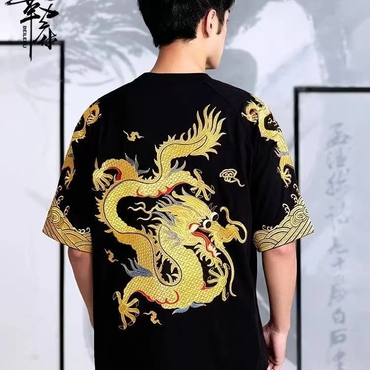 Новые Топы с коротким рукавом и принтом дракона для мужчин женщин летняя черная