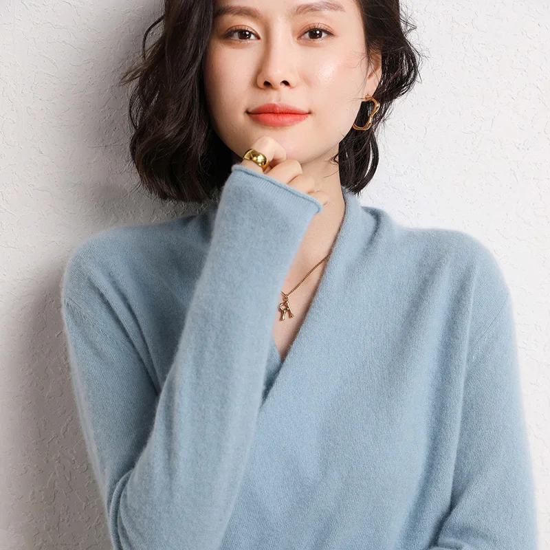 Женский трикотажный кашемировый свитер с V-образным вырезом |