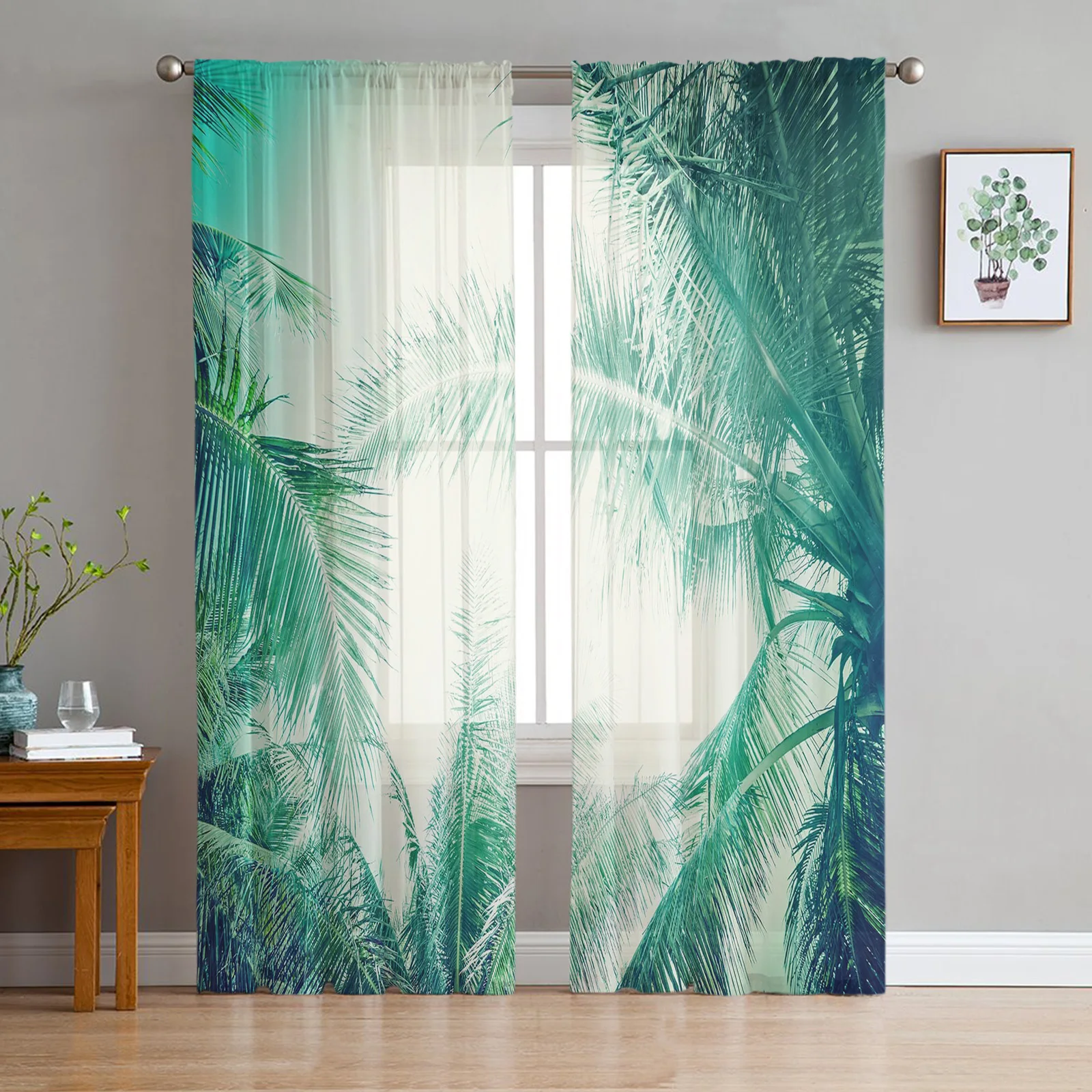 Cortinas de tul modernas para sala de estar, visillo transparente de hojas verdes, planta de jungla, naturaleza, tratamientos decorativos para ventana de dormitorio