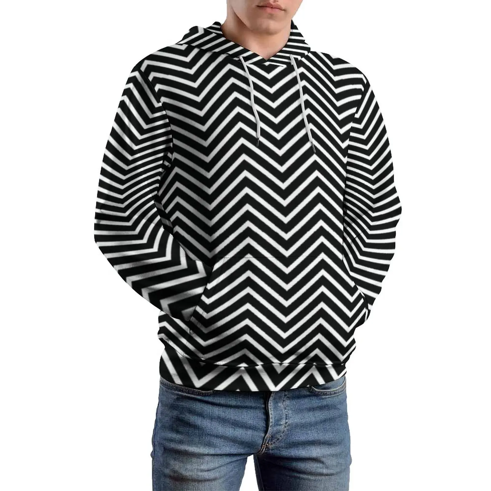 

Geometry Print Loose Hoodies Black And White Line Modern Pullover Hoodie Man Long Sleeve Oversized Street Wear Graphic Clothes