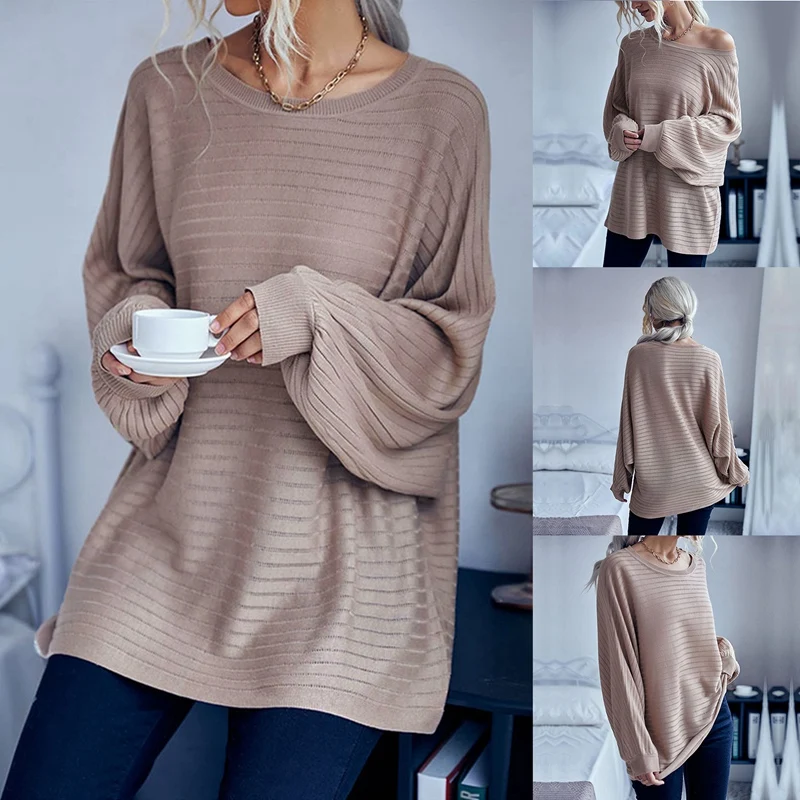 

Women's Pullover Round Neck Bat Sleeve Top Ladies Solid Color The Casual Loose Sweater Khaki