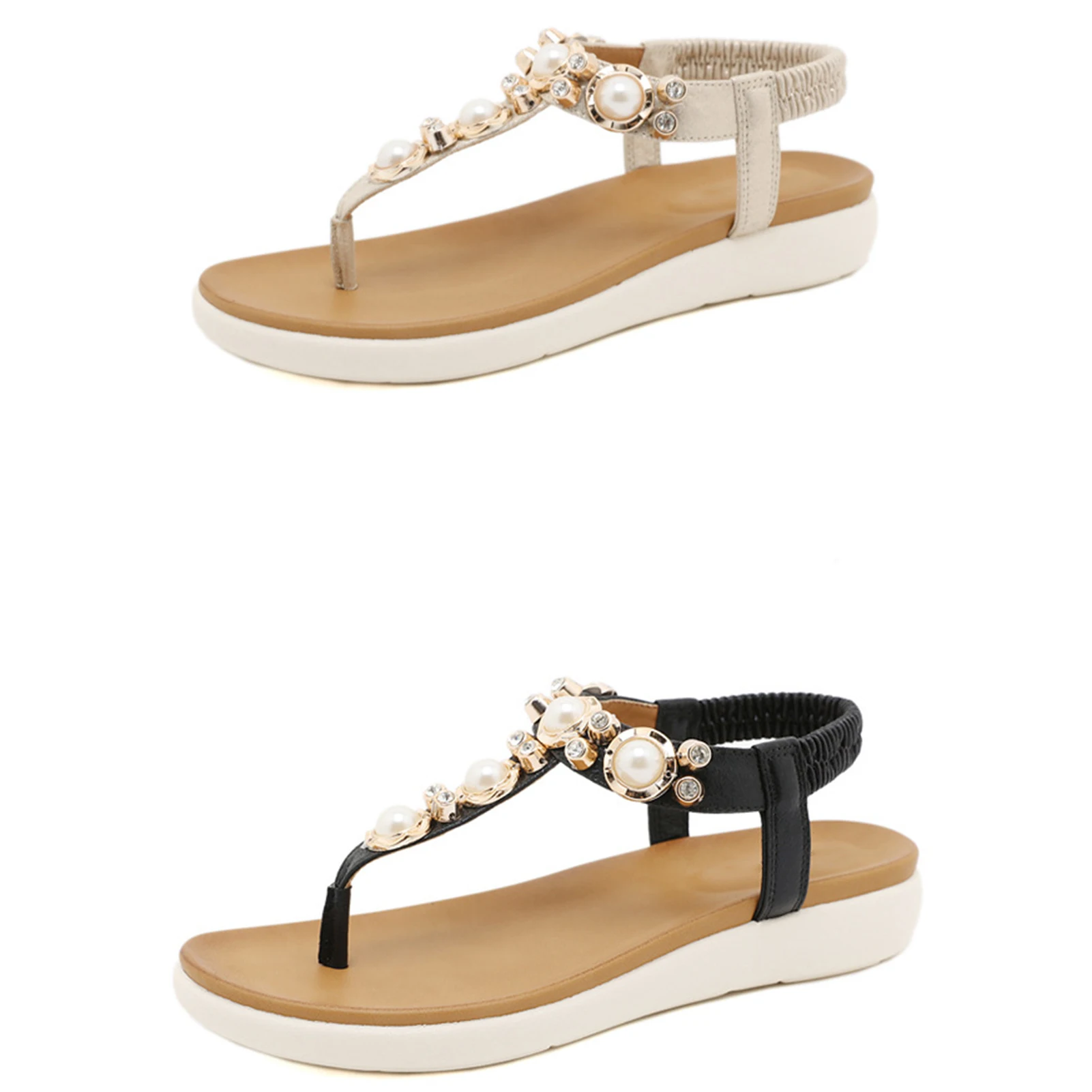 Women's Elastic Band Flip-Flops With Pearl Wear-Resistance Non-Slip Shoes For Daily Wear