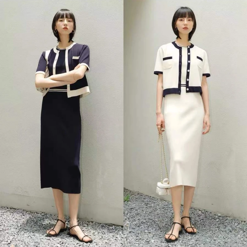 

Summer Knee-Length Dress For Women Korea Fashion Temperament Short Sleeve O-Neck Silm Knitting Clothing