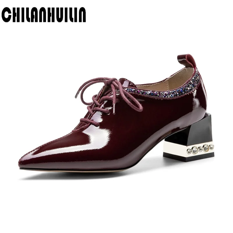 fashion design mixed color women shoes patent leather+bling nude pumps lace-up pointed toe genuine leather fashion street shoes