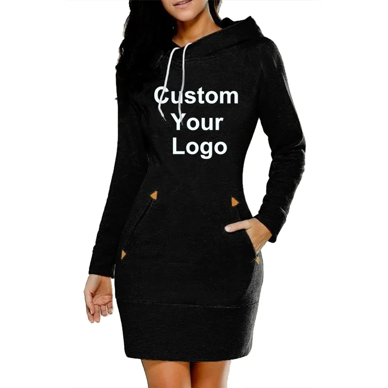 

Spring and Autumn Diy Ladies Knee-Length Dress Hooded Warm Long Sleeve Camp Collar Pocket Simple Casual Sport Hoody Dress