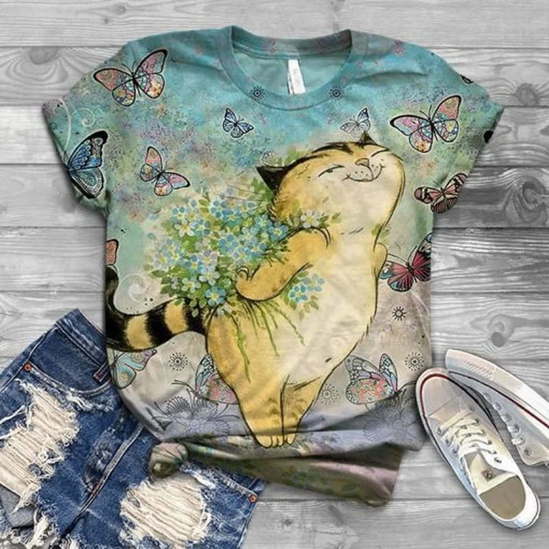 

Ladies T-shirt Summer 3D Animal Print Cat Print Cute Kawaii Short Sleeve Plus Size Top