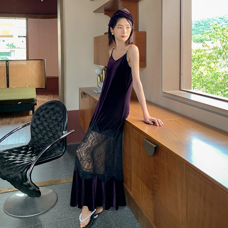 Velvet Pajamas Women's Lace Skirt Long Sling Dress Home Clothes Nightwear
