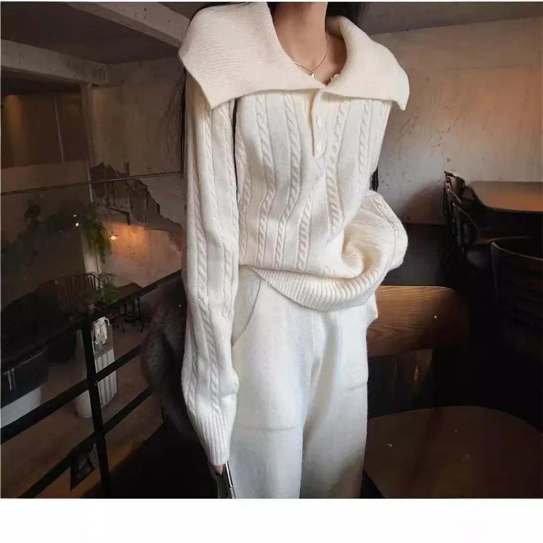 Новинка 2024 осенне-зимний корейский свитер с лацканами женские вязаные широкие