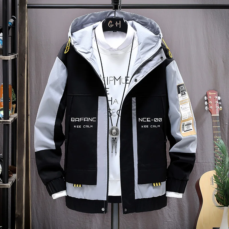 

Fashion Mens Hooded Jacket Japanese Streetwear Autumn Winter Jacket Men Hoodie Outwear Coat Patchwork Letter Jackets Top