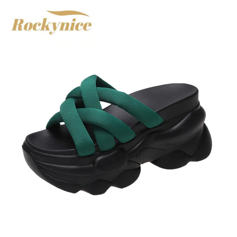 Summer Women High Platform Slippers Flip-Flops Fashion Beach Shoes New Ladies Wedge Heels Shoes Woman Black Outside Sandals 9CM