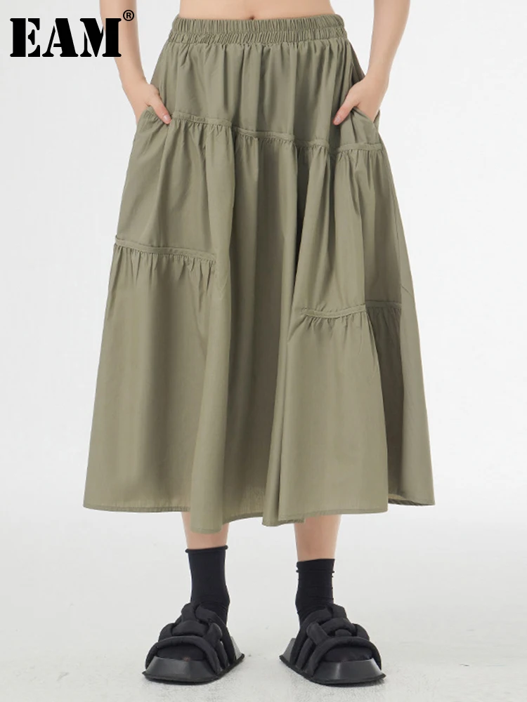 

[EAM] High Elastic Waist Green Black Pleated Brief Midi Half-body Skirt Women Fashion Tide New Spring Autumn 2023 1DF9956