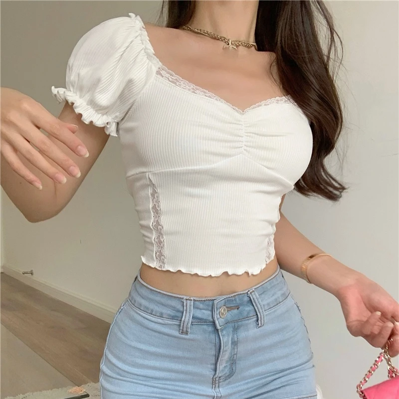 

Sexy Women's Short White Short-sleeved T-shirts Lace Bubble Sleeve Club Female Tops 2021 Summer New Solid Color Tees Streetwear