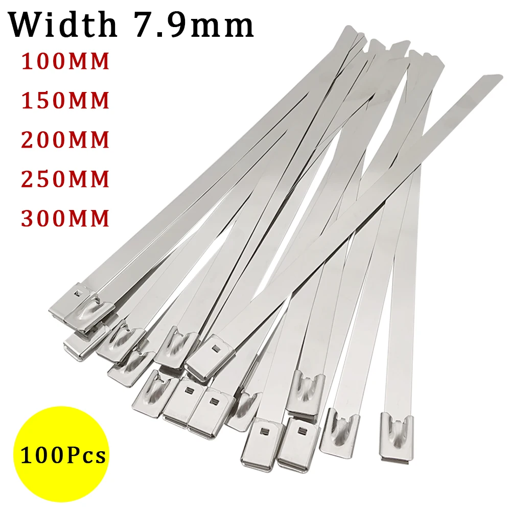 

100 pcs 7.9mm Stainless Steel Cable Ties 304, Zipper, Self-locking Metal Snap Lock
