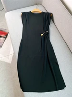 round neck solid color three dimensional pin embellished dress for woman summer 2022 french revealing waist sleeveless dresses